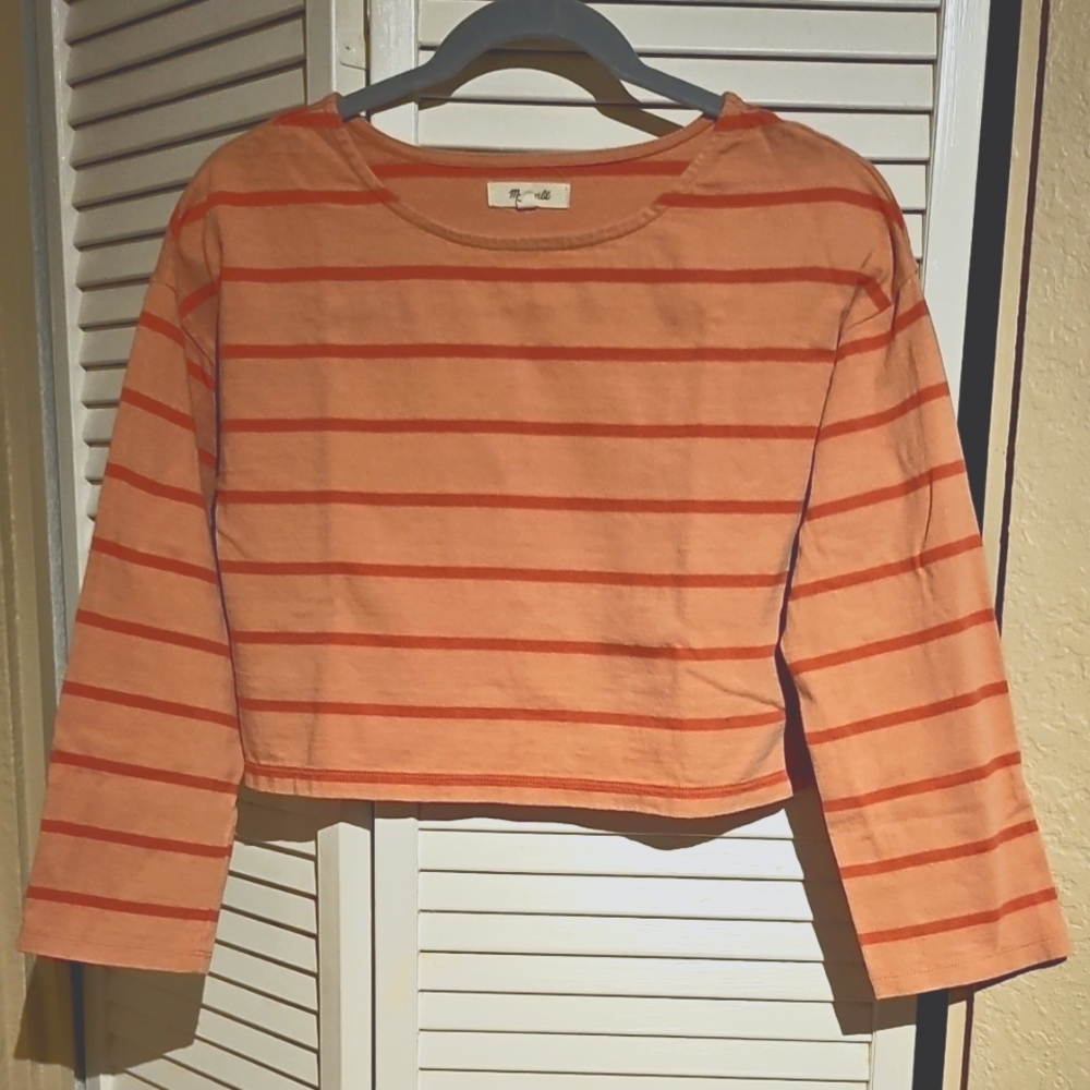 Madewell Pink/Salmon Long Sleeve Striped Crop Tee